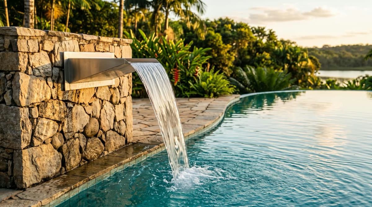 Cascata de inox em muro de pedra despejando água em piscina de borda infinita