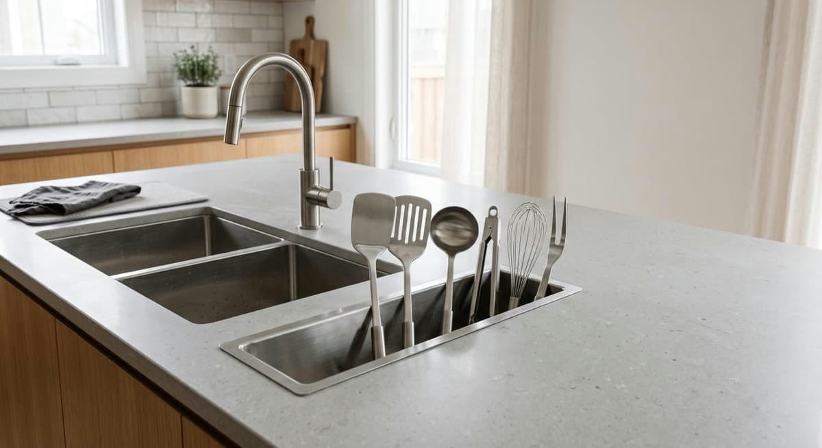 Cuba dupla de inox com calha de utensílios integrada em bancada de cozinha
