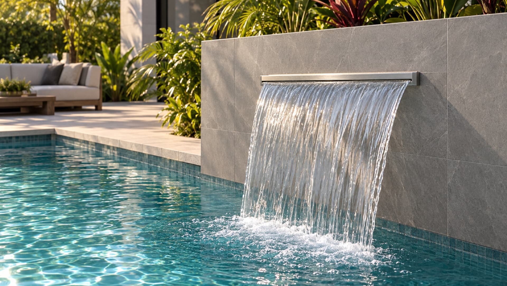 Cascata slim de embutir Ecosul de inox em mureta de porcelanato cinza despejando água na piscina