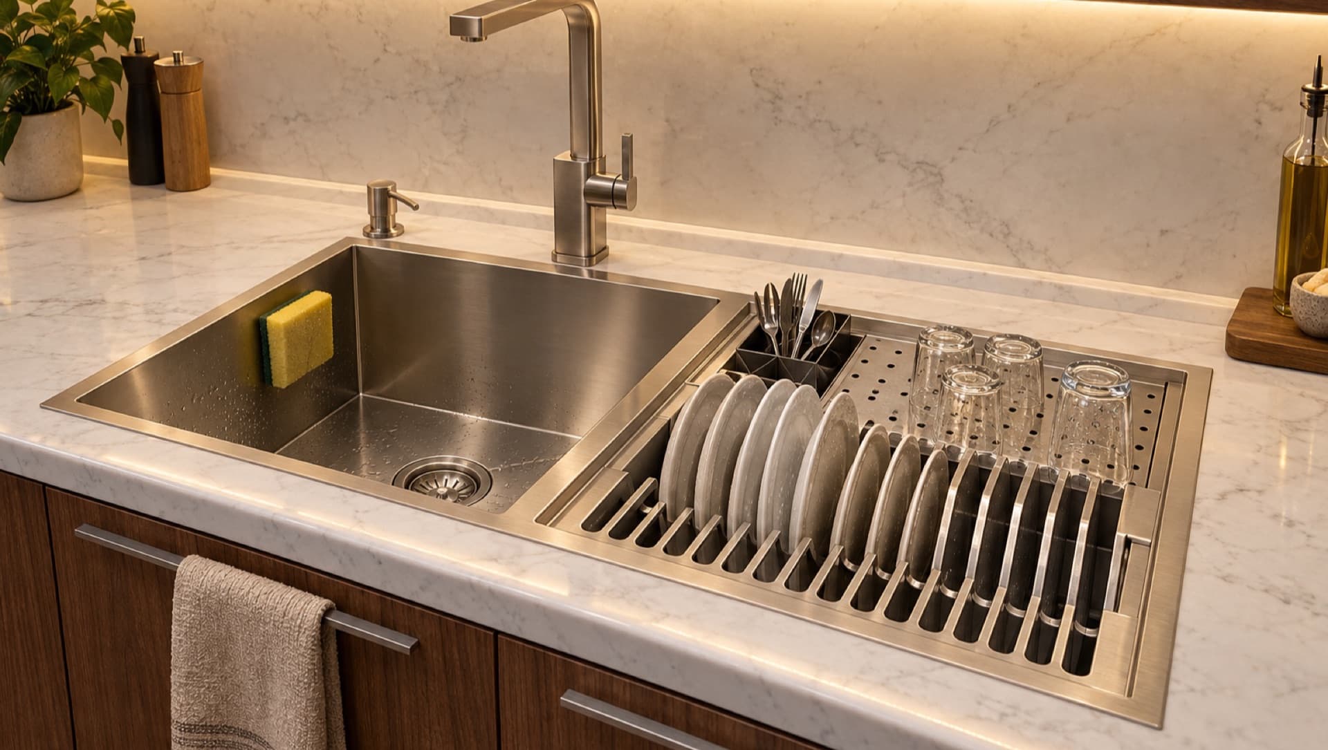 Cuba Ecosul de inox com calha integrada embutida na pia de mármore, com torneira, pratos, copos e talheres nos módulos