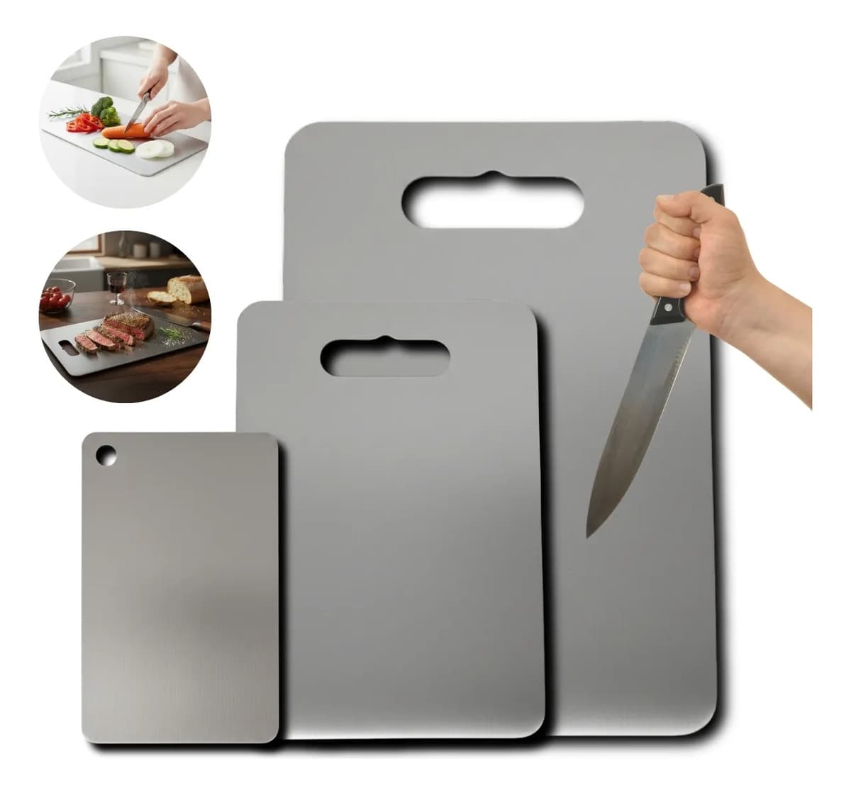 Kit 3 Tábua De Corte Inox 304 Antibacteriana Cozinha Ecosul Kit Tábua Cinza