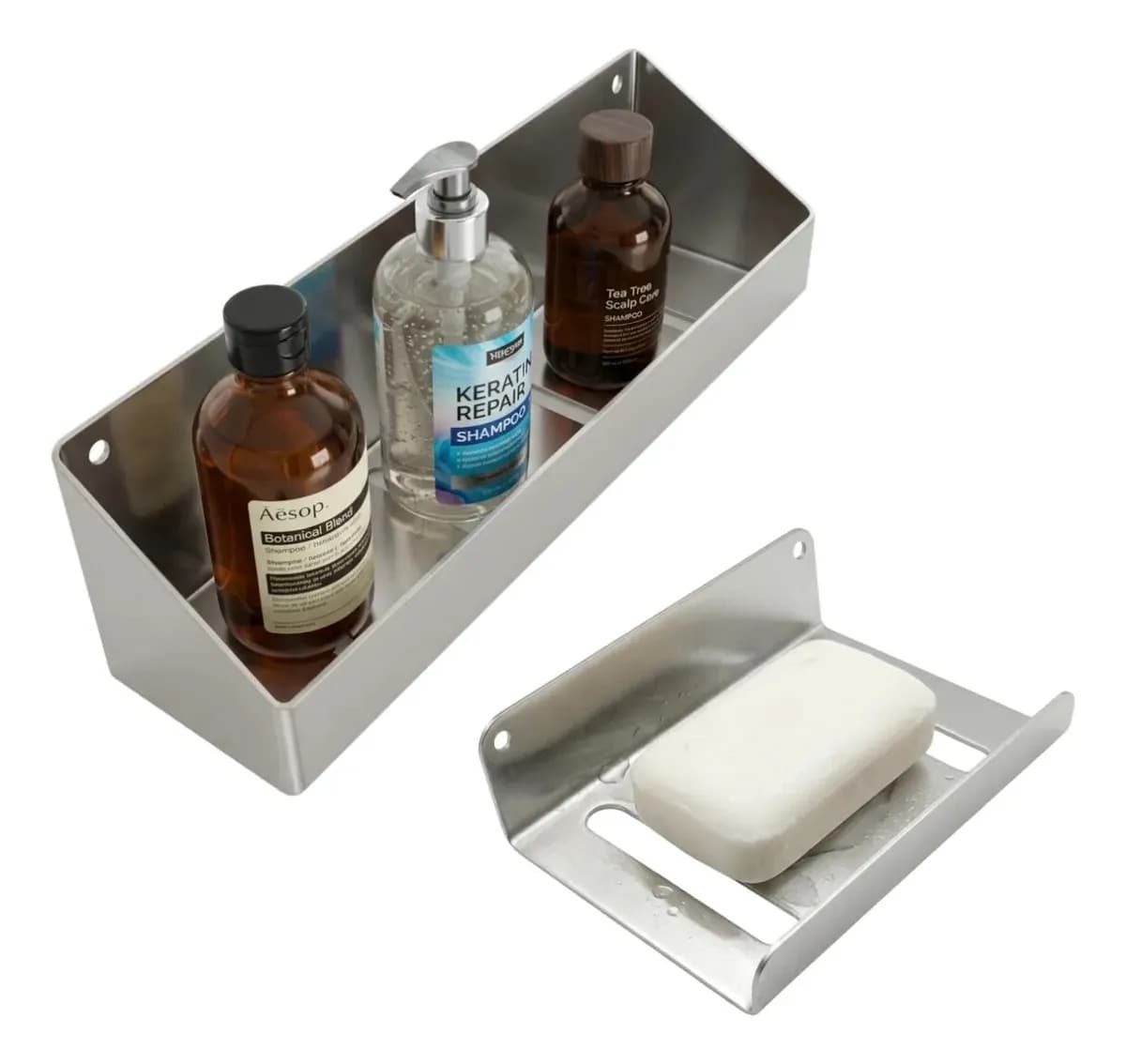 Kit Suporte Shampoo + Saboneteira Inox 304 Banheiro Ecosul Cinza
