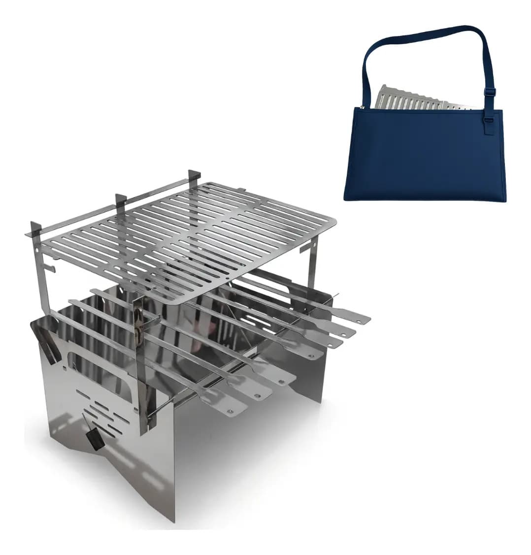 Churrasqueira Portátil Inox Com Bolsa 7 Espetos E Grelha - Cinza