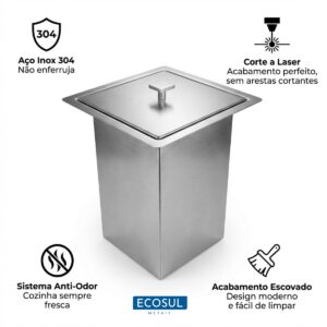 Lixeira Inox de Embutir 4 Litros Ecosul com Tampa Anti-Odor Aço Inox 304 - Imagem 3